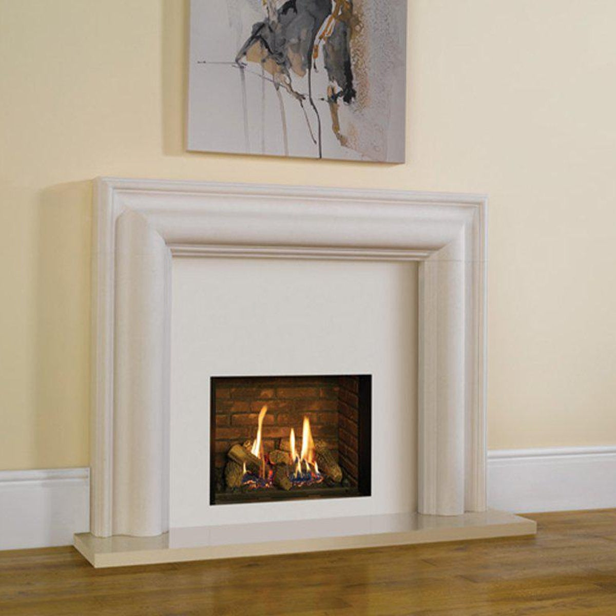Gazco Riva2 500 Edge gas fire with brick-effect lining and a white mantel