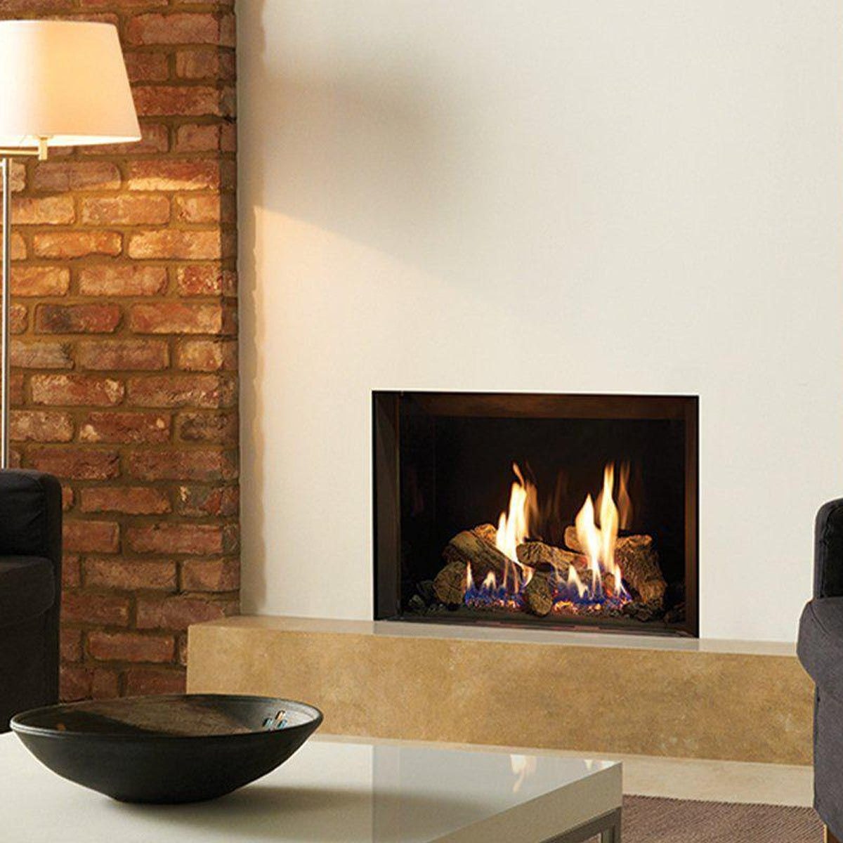 Gazco Riva2 500 Edge gas fire with black glass lining, set into a living-room wall