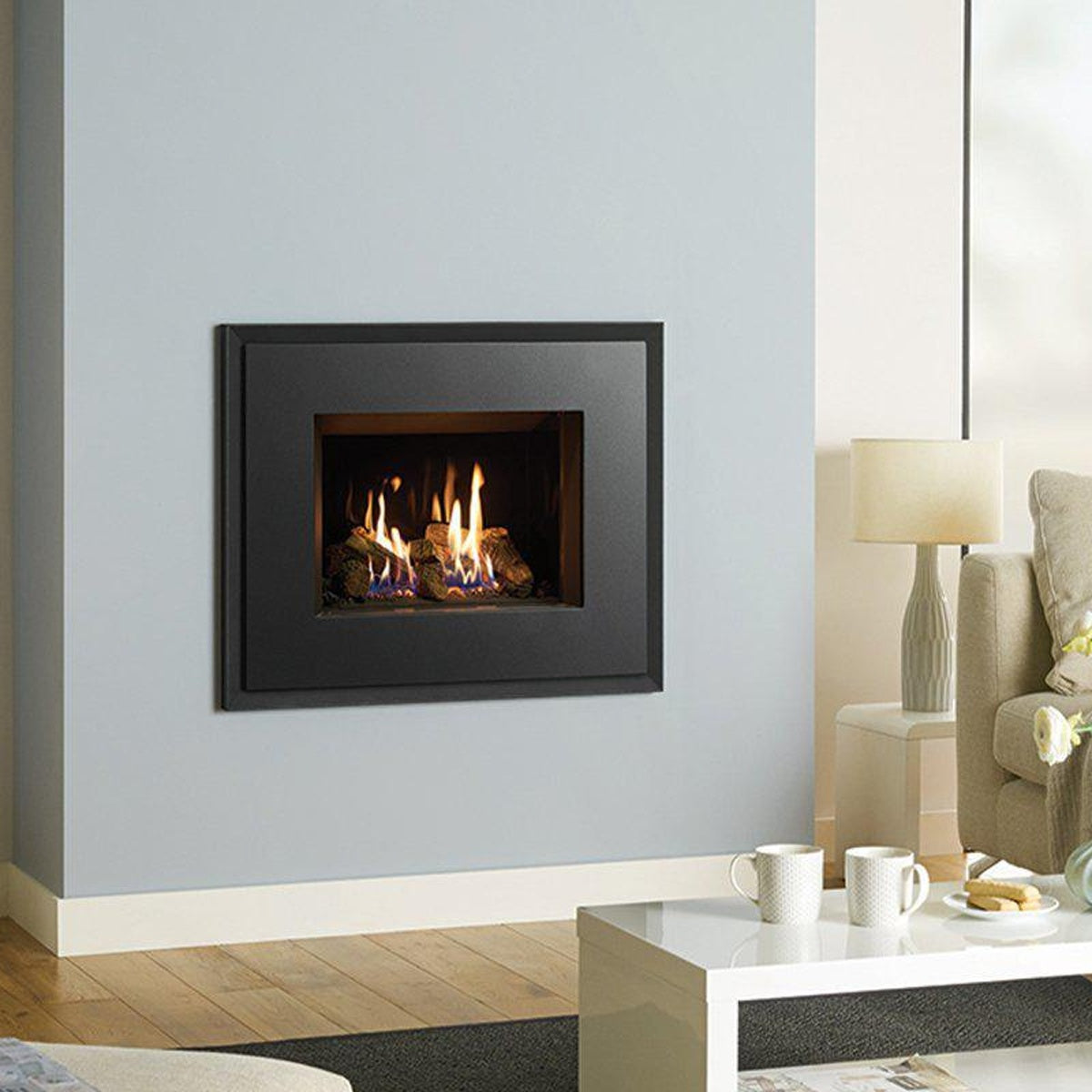 Gazco Riva2 500 Evoke Steel gas fire with Graphite frame and black glass lining