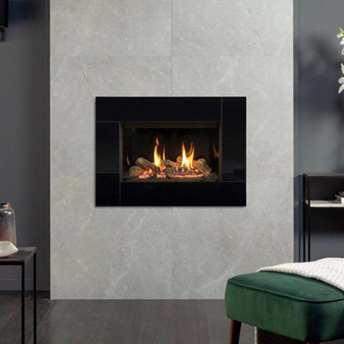 Gazco Riva2 500 Icon XS black glass gas fire in a grey living-room wall