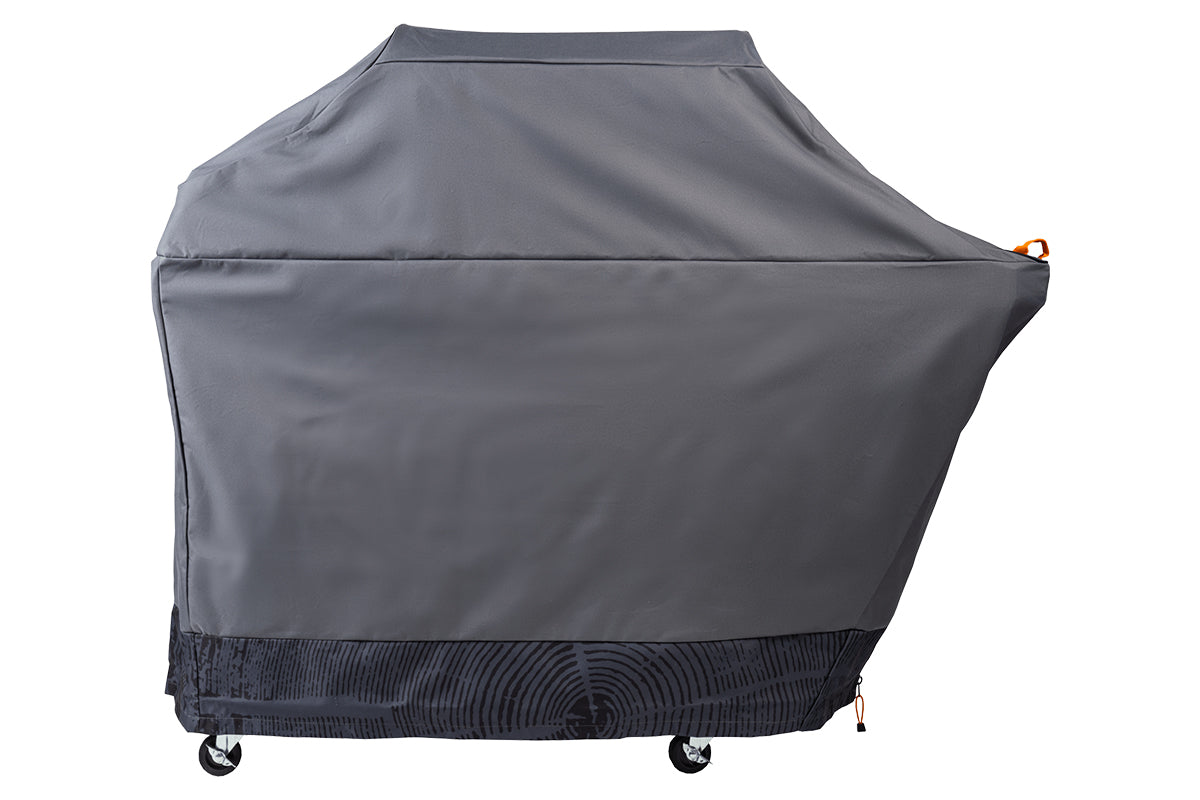 Rear view of the grey Traeger Timberline full-length grill cover