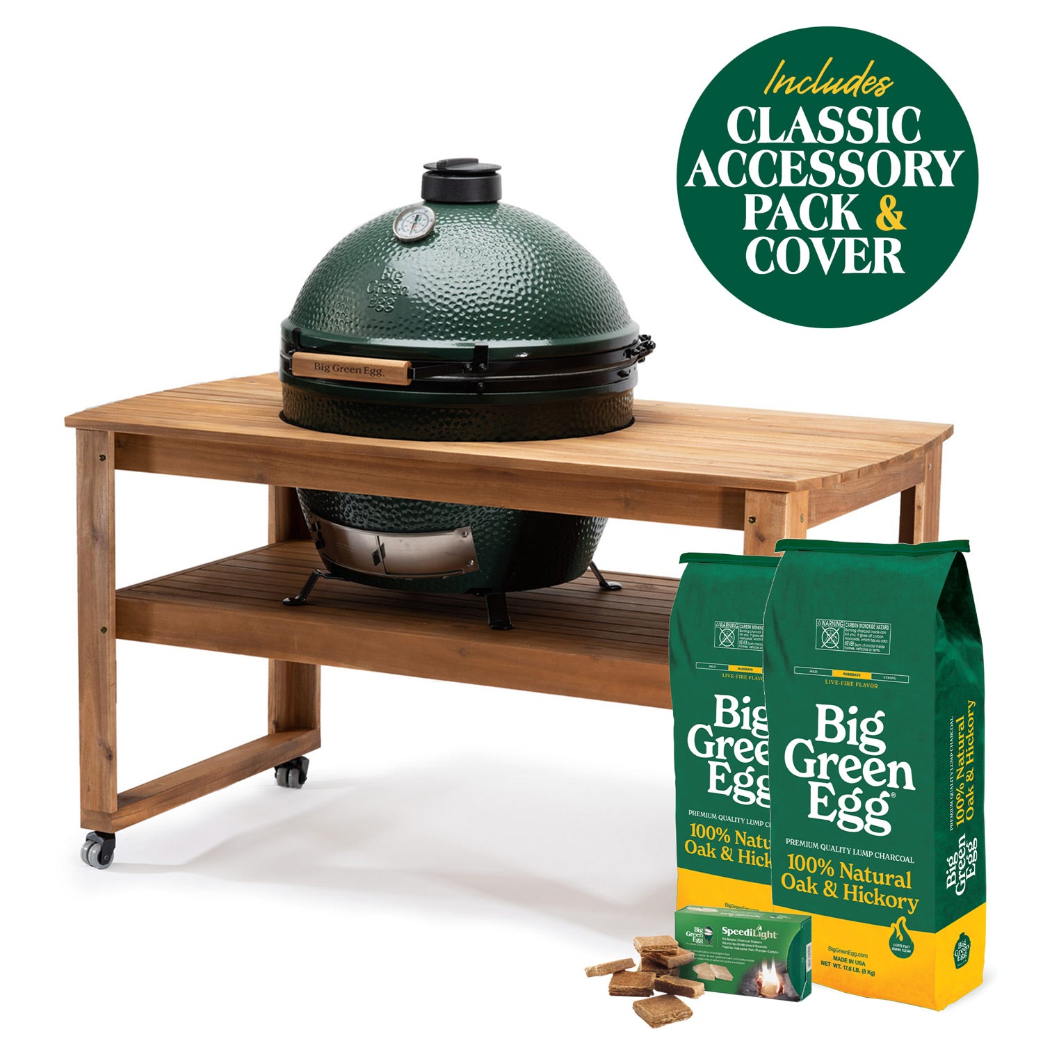 XL Big Green Egg in a wooden table, with charcoal, firestarters and a Classic accessory-pack badge