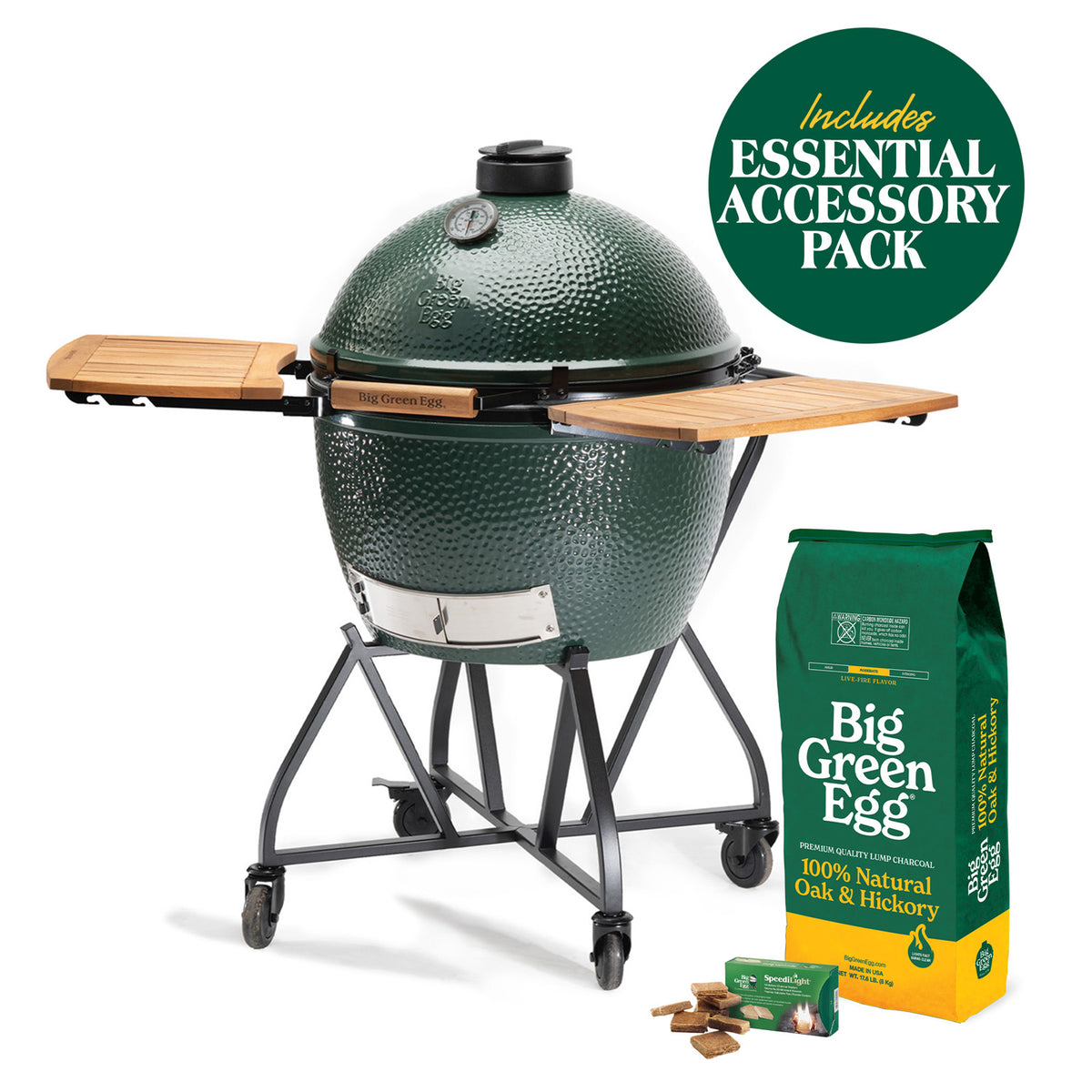 XL Big Green Egg in a nest with wooden shelves, with charcoal, firestarters and an Essential accessory-pack badge