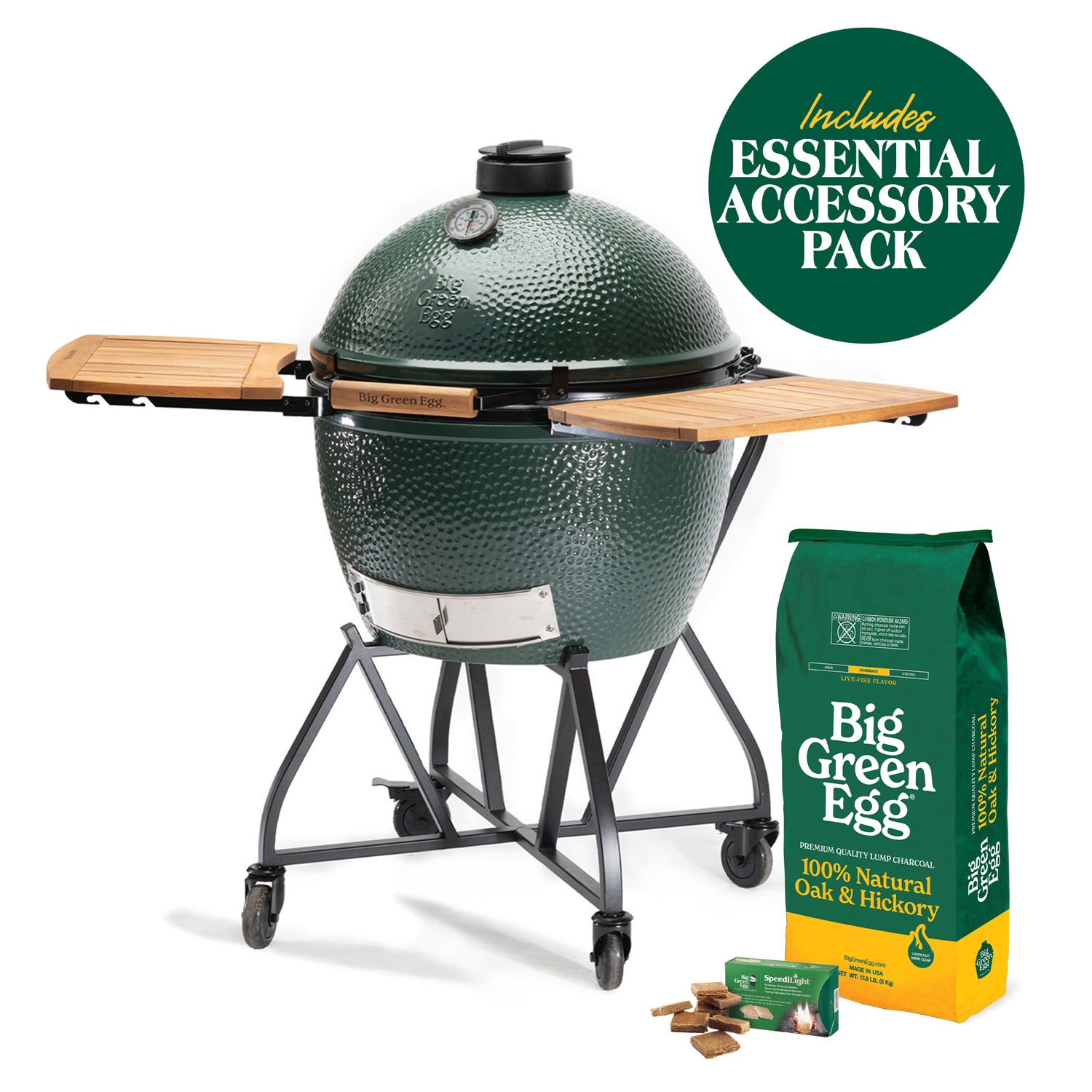 XL Big Green Egg in a nest with wooden shelves, with charcoal, firestarters and an Essential accessory-pack badge