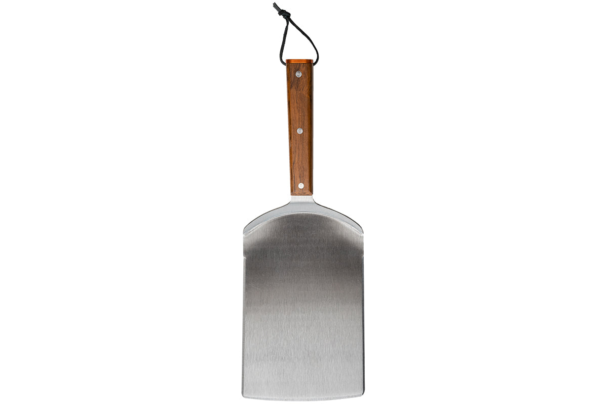 Full front view of the Traeger Large Cut BBQ Spatula with wooden handle and hanging loop